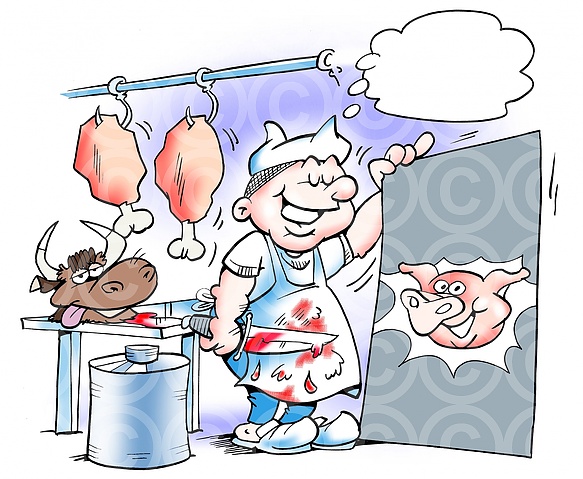 Beef butcher wishing he had pork meat