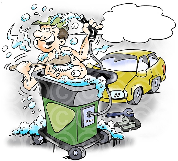 Mechanic washing himself with car cleaner machine