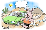 Rabbit bounces past car in desert