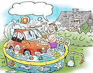 Man washes car in kids pool