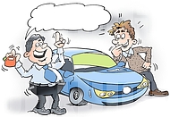 Car salesman shows smart car fuel savings to shopper