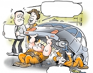 Mechanic lifts car in the garage